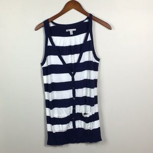 Navy blue & White rugby stripe button front vest. Longer tunic length